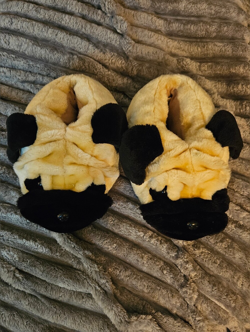 Pug Yellow & Black Plush Dog Slippers Size 7-8
